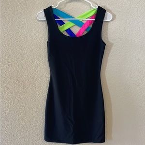 EUC Vintage Y2K DEB Black Bandage Bodycon Dress with Rainbow Straps Size XS